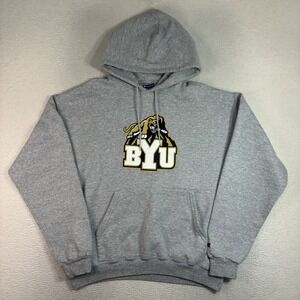 Champion BYU Cougars Hoodie Men L Gray Fleece Pullover Sweatshirt Brigham Young